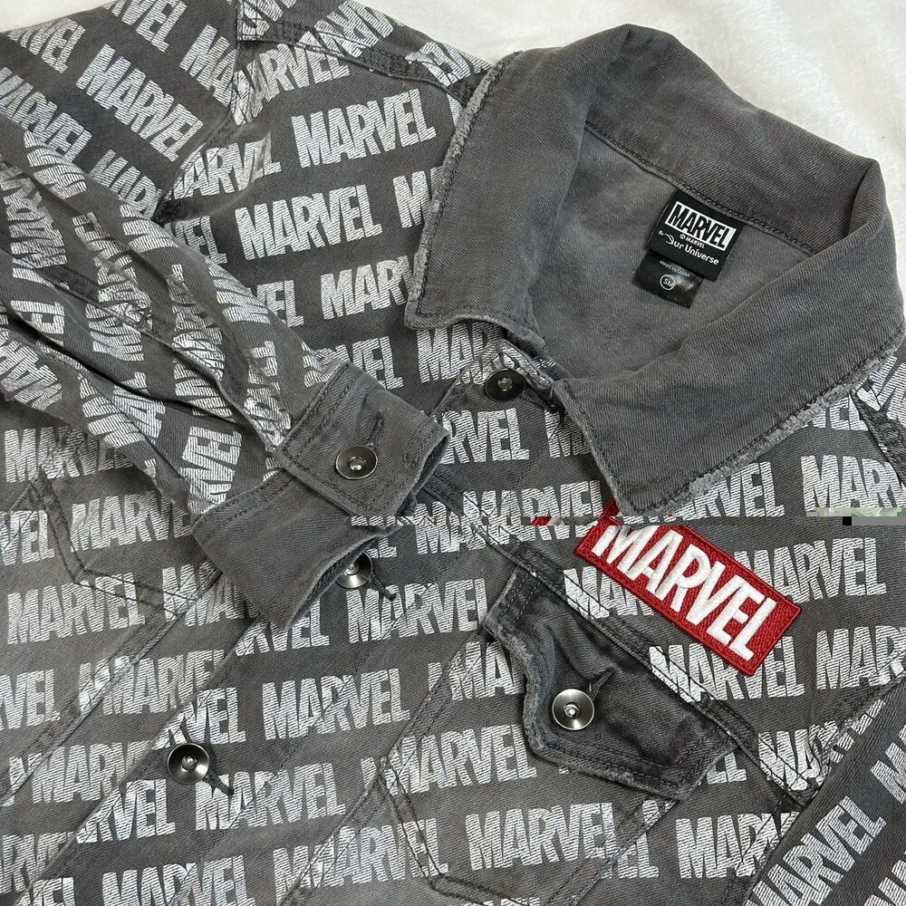 Marvel Our Universe Gray Denim Trucker Jacket Small All Over Print Button Front
